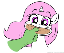 Size: 594x484 | Tagged: safe, artist:banebuster, derpibooru import, princess celestia, oc, oc:anon, alicorn, pony, series:tiny tia, cewestia, cookie, cute, cutelestia, disembodied hand, eating, feeding, female, filly, food, hand, offscreen character, pink-mane celestia, simple background, smiling, white background, younger