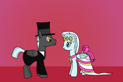 Size: 1280x854 | Tagged: safe, artist:platinumdrop, derpibooru import, thunderlane, oc, oc:windy breeze, pegasus, pony, clothes, dress, female, hat, male, marriage, request, straight, top hat, tuxedo, wedding, wedding dress