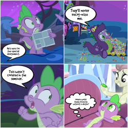 Size: 1400x1400 | Tagged: safe, derpibooru import, edit, edited screencap, screencap, fleur de verre, spike, twilight sparkle, crystal pony, dragon, pony, unicorn, luna eclipsed, owl's well that ends well, power ponies (episode), princess spike (episode), bed, comic, detective, golden oaks library, halloween, holiday, movie reference, nightmare night, rush hour, screencap comic, sofa, speech bubble, thought bubble