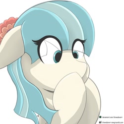 Size: 2000x2000 | Tagged: safe, artist:drawalaverr, derpibooru import, coco pommel, earth pony, pony, bust, female, flower, flower in hair, looking down, mare, portrait, simple background, solo, white background