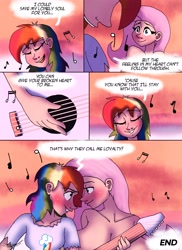 Size: 2978x4096 | Tagged: safe, artist:ringteam, derpibooru import, fluttershy, rainbow dash, human, big breasts, blushing, breasts, comic, eyes closed, female, flutterdash, guitar, hootershy, huge breasts, humanized, kissing, lesbian, musical instrument, playing, shipping, singing, speech bubble
