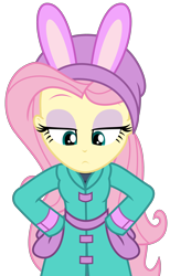 Size: 1738x2813 | Tagged: safe, artist:sketchmcreations, derpibooru import, fluttershy, better together, equestria girls, holidays unwrapped, blizzard or bust, bunny ears, clothes, coat, female, fluttershy is not amused, gloves, hands on hip, hat, looking down, mittens, simple background, toque, transparent background, unamused, vector, winter outfit