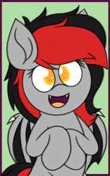 Size: 1200x1920 | Tagged: safe, artist:thebadbadger, derpibooru import, oc, oc:cinder, bat pony, pony, cute, female, happy, hooves to the chest, mare, ocbetes, open mouth