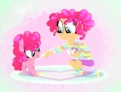 Size: 1770x1345 | Tagged: safe, artist:siggie740, derpibooru import, pinkie pie, earth pony, human, pony, :p, child, cute, diapinkes, feeding, female, filly, filly pinkie pie, food, human ponidox, humanized, ice cream, pigtails, self ponidox, tongue out, younger