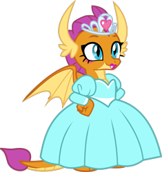 Size: 1890x2007 | Tagged: safe, alternate version, anonymous artist, derpibooru exclusive, derpibooru import, smolder, dragon, what lies beneath, .svg available, clothes, cropped, cute, dragoness, dress, eyelashes, female, hand on hip, horns, jewelry, lipstick, makeup, princess smolder, simple background, smiling, smolderbetes, solo, svg, tail, tiara, tomboy taming, transparent background, vector, wings