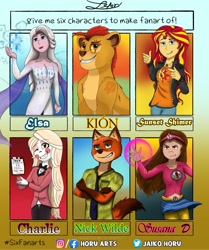 Size: 2144x2560 | Tagged: safe, artist:horu_arts, derpibooru import, sunset shimmer, anthro, big cat, fox, human, lion, equestria girls, clothes, crossed arms, crossover, cutie mark, cutie mark on clothes, elsa, eye scar, female, finger gun, finger guns, frozen (movie), glowing hands, hazbin hotel, jacket, jewelry, kion, necklace, nick wilde, pants, scar, six fanarts, skirt, smiling, smirk, the lion guard, zootopia