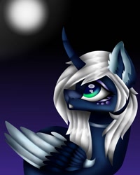 Size: 1080x1350 | Tagged: safe, artist:rxndxm.artist, derpibooru import, princess luna, alicorn, pony, alternate design, curved horn, female, full moon, horn, looking back, mare, moon, night, solo