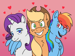 Size: 4000x3000 | Tagged: safe, artist:applejackofalltrades, derpibooru import, applejack, rainbow dash, rarity, earth pony, pegasus, pony, unicorn, chest fluff, female, heart, lesbian, polyamory, rarijackdash, shipping, simple background, smiley face