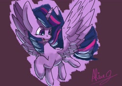 Size: 4096x2897 | Tagged: safe, artist:aliceg, derpibooru import, twilight sparkle, twilight sparkle (alicorn), alicorn, pony, gorgoalice daily pony, female, flying, horn, mare, open mouth, purple background, signature, simple background, sketch, smiling, solo, wings