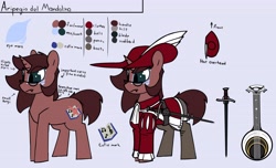 Size: 4096x2483 | Tagged: safe, artist:aripegio del mandolino, oc, oc only, oc:aripegio del mandolino, pony, unicorn, bard, clothes, coat markings, fantasy class, feathered hat, female, glasses, hat, horn, mandolin, mare, musical instrument, reference sheet, simple background, sword, weapon