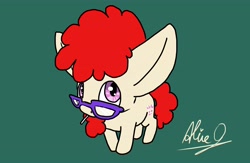 Size: 4096x2665 | Tagged: safe, artist:aliceg, twist, earth pony, pony, gorgoalice daily pony, big ears, female, filly, glasses, green background, lollipop, looking at you, looking up, looking up at you, red mane, red tail, signature, simple background, solo