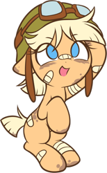 Size: 582x942 | Tagged: safe, artist:pestil, twibooru import, oc, oc only, oc:oasis (shino), earth pony, pony, bandage, bandaid, cute, eye clipping through hair, female, filly, goggles, helmet, looking up, open mouth, smiling, solo