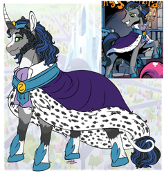 Size: 852x900 | Tagged: safe, artist:malinraf1615, derpibooru import, idw, king sombra, classical unicorn, pony, unicorn, alternate hairstyle, chest fluff, clothes, coat markings, curved horn, good king sombra, headcanon, hoof shoes, jewelry, leonine tail, male, redesign, regalia, robe, solo, stallion, unshorn fetlocks