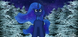 Size: 2484x1200 | Tagged: safe, artist:akuneanekokuro, derpibooru import, princess luna, alicorn, pony, ethereal mane, female, looking up, mare, night, sky, snow, solo, starry mane, stars, tree, winter