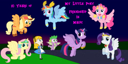 Size: 4000x2000 | Tagged: safe, artist:04startycornonline88, derpibooru import, applejack, fluttershy, pinkie pie, rainbow dash, rarity, spike, twilight sparkle, twilight sparkle (alicorn), alicorn, dragon, earth pony, pony, unicorn, alice in wonderland, clothes, cosplay, costume, crossover, dress, feminism, fiona munson, flying, friendship, hill, kid vs kat, pinafore, winged spike, wings