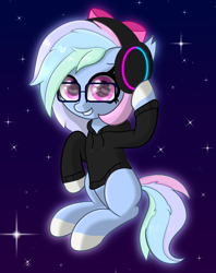 Size: 2778x3512 | Tagged: safe, artist:windy-pony, derpibooru import, oc, oc only, oc:parity bit, earth pony, pony, bow, clothes, cute, female, glasses, hair bow, headphones, hoodie, mare, solo