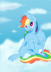 Size: 2480x3508 | Tagged: safe, artist:wbp, derpibooru import, rainbow dash, pegasus, pony, happy, simple background, sitting, solo