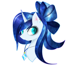 Size: 2554x2348 | Tagged: safe, artist:riariirii2, derpibooru import, oc, oc only, oc:star blaze, pony, unicorn, bow, bust, ear piercing, earring, ethereal mane, eyelashes, eyeliner, galaxy mane, hair bow, horn, jewelry, makeup, necklace, piercing, simple background, solo, transparent background, unicorn oc