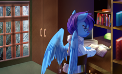 Size: 4331x2625 | Tagged: safe, artist:alus, derpibooru import, oc, oc only, oc:dr.picsell dois, pegasus, pony, 80's-ish, book, bookshelf, clothes, dormitory, facial hair, irl background, irl photo, lab coat, male, moustache, rain, southeast university, stallion, studying, university