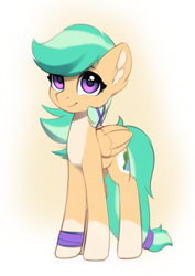 Size: 1699x2399 | Tagged: safe, artist:freeedon, derpibooru import, oc, oc only, oc:summer ray, pegasus, pony, ear fluff, ears, female, freckles, gradient background, looking at you, mare, ribbon, smiling, smiling at you, solo