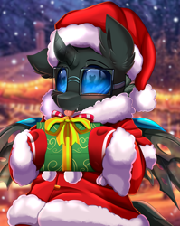 Size: 2550x3209 | Tagged: safe, artist:pridark, derpibooru import, oc, oc only, oc:tarsi, changeling, blushing, christmas, christmas changeling, clothes, commission, costume, cute, cuteling, glasses, hat, holiday, ocbetes, present, wings, ych result