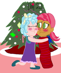 Size: 1280x1527 | Tagged: safe, artist:horroraceman93, derpibooru import, babs seed, cozy glow, equestria girls, babsglow, blushing, christmas, christmas tree, equestria girls-ified, female, gift wrapped, holiday, lesbian, mummification, present, shipping, simple background, transparent background, tree