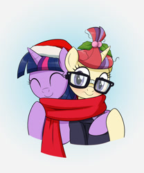 Size: 1000x1200 | Tagged: safe, artist:mew-me, derpibooru import, moondancer, twilight sparkle, pony, unicorn, blushing, christmas, clothes, cute, dancerbetes, eyes closed, female, glasses, hat, holiday, mare, santa hat, scarf, shared clothing, shared scarf, smiling, sweater, twiabetes