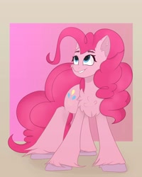 Size: 3200x4000 | Tagged: safe, artist:ponyangle, derpibooru import, pinkie pie, earth pony, pony, chest fluff, female, fluffy, mare, simple background, solo, unshorn fetlocks