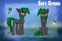 Size: 2664x1791 | Tagged: safe, artist:setharu, derpibooru import, oc, oc only, oc:soft spring, pony, unicorn, female, mare, reference sheet, sitting, solo