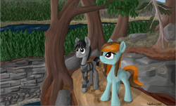 Size: 2002x1211 | Tagged: safe, artist:nobleboron, derpibooru import, oc, oc only, oc:closed closets, oc:mercury vapour, earth pony, pony, adventure, cliff, female, forest, lake, male, river, rock, scenery, tree