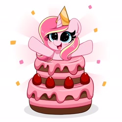 Size: 2037x2048 | Tagged: safe, artist:kittyrosie, derpibooru import, oc, oc only, oc:rosa flame, pony, unicorn, blushing, cake, food, hat, open mouth, party hat, pop out cake, smiling, solo