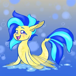 Size: 2500x2500 | Tagged: safe, artist:koa, derpibooru import, oc, oc only, oc:koa, seapony (g4), abstract background, blushing, female, open mouth, seaponified, smiling, solo, species swap