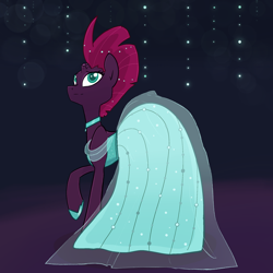 Size: 1280x1280 | Tagged: safe, artist:pfeffaroo, derpibooru import, fizzlepop berrytwist, tempest shadow, pony, unicorn, broken horn, clothes, dress, female, gala dress, hoof shoes, horn, jewelry, looking up, mare, necklace, pretty pretty tempest, raised hoof, solo, standing