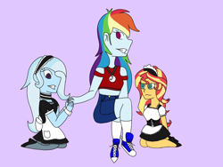 Size: 2048x1536 | Tagged: safe, artist:mintymelody, derpibooru import, rainbow dash, sunset shimmer, trixie, equestria girls, clothes, converse, hypnosis, hypnotized, kneeling, maid, maid headdress, shoes, swirly eyes