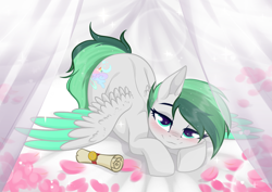 Size: 3465x2454 | Tagged: safe, artist:kim0508, derpibooru import, oc, oc only, oc:dreamer skies, pegasus, pony, base used, bed, bedroom eyes, pegasus oc, solo, wings