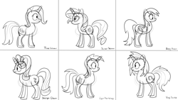 Size: 3840x2160 | Tagged: safe, artist:byteslice, derpibooru import, derpy hooves, dj pon-3, lyra heartstrings, starlight glimmer, sunset shimmer, trixie, vinyl scratch, pegasus, pony, unicorn, 4k, female, folded wings, mare, monochrome, simple background, sketch, white background, wings