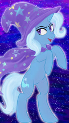 Size: 432x768 | Tagged: safe, artist:joshigz, derpibooru import, trixie, pony, unicorn, abstract background, cape, clothes, female, hat, mare, rearing, solo