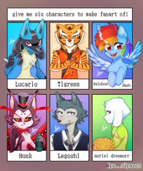 Size: 1072x1280 | Tagged: safe, artist:lollihopx, derpibooru import, rainbow dash, anthro, big cat, pegasus, pony, tiger, wolf, anthro with ponies, asriel dreemurr, beastars, bust, canine pokemon, clothes, crossover, ear fluff, eye clipping through hair, eyelashes, female, hat, hazbin hotel, kung fu panda, legosi (beastars), lucario, male, mare, necktie, open mouth, pokémon, signature, six fanarts, smiling, spread wings, top hat, undertale, wings