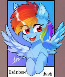 Size: 836x990 | Tagged: safe, alternate version, artist:lollihopx, derpibooru import, rainbow dash, pegasus, pony, bust, ear fluff, eye clipping through hair, eyelashes, female, mare, open mouth, signature, smiling, solo, spread wings, wings