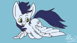 Size: 1267x713 | Tagged: safe, artist:aliceg, soarin', pegasus, pony, gorgoalice daily pony, blue background, blue mane, blue tail, cutie mark, flying, green eyes, male, signature, simple background, solo, stallion, wings