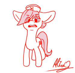 Size: 1115x1080 | Tagged: safe, artist:aliceg, nurse redheart, earth pony, pony, gorgoalice daily pony, annoyed, blue eyes, cutie mark, female, looking at you, mare, nurse hat, open mouth, pink mane, pink tail, signature, simple background, solo, white background, white coat