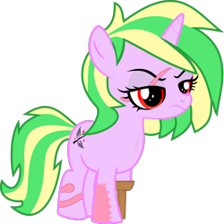 Size: 2156x2158 | Tagged: safe, alternate version, artist:etymologically correct filly, ponybooru exclusive, oc, oc only, oc:iron sonata, pony, unicorn, fallout equestria, iron sonata dnd token evolution, amputee, annoyed, burn scar, eye scar, female, filly, frown, peg leg, prosthetics, red eyes, scar, scarred, simple background, solo, this will end in murder, transparent background, two toned mane, two toned tail, vector