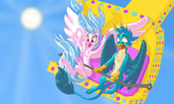 Size: 1920x1152 | Tagged: safe, artist:shaslan, gallus, silverstream, griffon, hippogriff, amusement park, arms in the air, duo, excited, female, male, open mouth, screaming, spread wings, sun