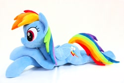 Size: 2048x1365 | Tagged: safe, artist:shunnkai, rainbow dash, pegasus, pony, crossed arms, female, irl, lying down, mare, photo, plushie, prone, simple background, smiling, solo, white background