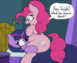 Size: 2920x2376 | Tagged: safe, artist:blitzyflair, pinkie pie, twilight sparkle, earth pony, pony, bed, bedroom, bedsheets, belly button, chubby, duo, female, looking at each other, looking down, looking up, lying down, mare, on top, open mouth, pillow, plump, question, scrunchy face, shrunken pupils, sitting, smiling, speech bubble