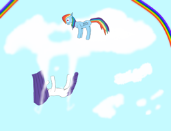 Size: 2600x2000 | Tagged: safe, altbooru exclusive, artist:havock, rainbow dash, rarity, pegasus, pony, unicorn, cloud, falling, female, mare, rainbow, sky, this will end in death