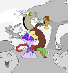 Size: 2010x2140 | Tagged: safe, artist:metal-kitty, derpibooru import, discord, twilight sparkle, winona, dog, draconequus, pony, unicorn, alternate universe, archmage, black and white, clock, cuckoo clock, discord being discord, female, fetch, frisbee, grayscale, height difference, male, mare, monochrome, time stop, tree, twilight is not amused, unamused