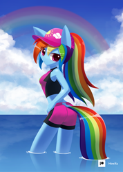 Size: 1000x1407 | Tagged: safe, artist:howxu, derpibooru import, rainbow dash, anthro, clothes, cloud, cute, equestria girls outfit, female, looking at you, ocean, rainbow, sexy, solo, stupid sexy rainbow dash, swimsuit, water