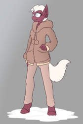 Size: 1859x2760 | Tagged: safe, artist:sneetymist, derpibooru import, oc, oc:lucky cream, anthro, earth pony, unguligrade anthro, clothes, female, fluffy, fluffy sweater, fur coat, hoodie, mare, pants, pom pom (clothes), simple background, solo, sweater, winter clothes, winter coat, winter outfit