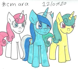 Size: 1003x888 | Tagged: safe, artist:cmara, derpibooru import, lemon hearts, minuette, twinkleshine, pony, unicorn, female, mare, simple background, traditional art, trio, white background